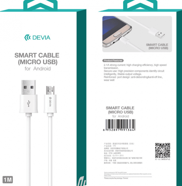 Devia – 2m (2.1A) USB to MicroUSB Cable – White - Image 3